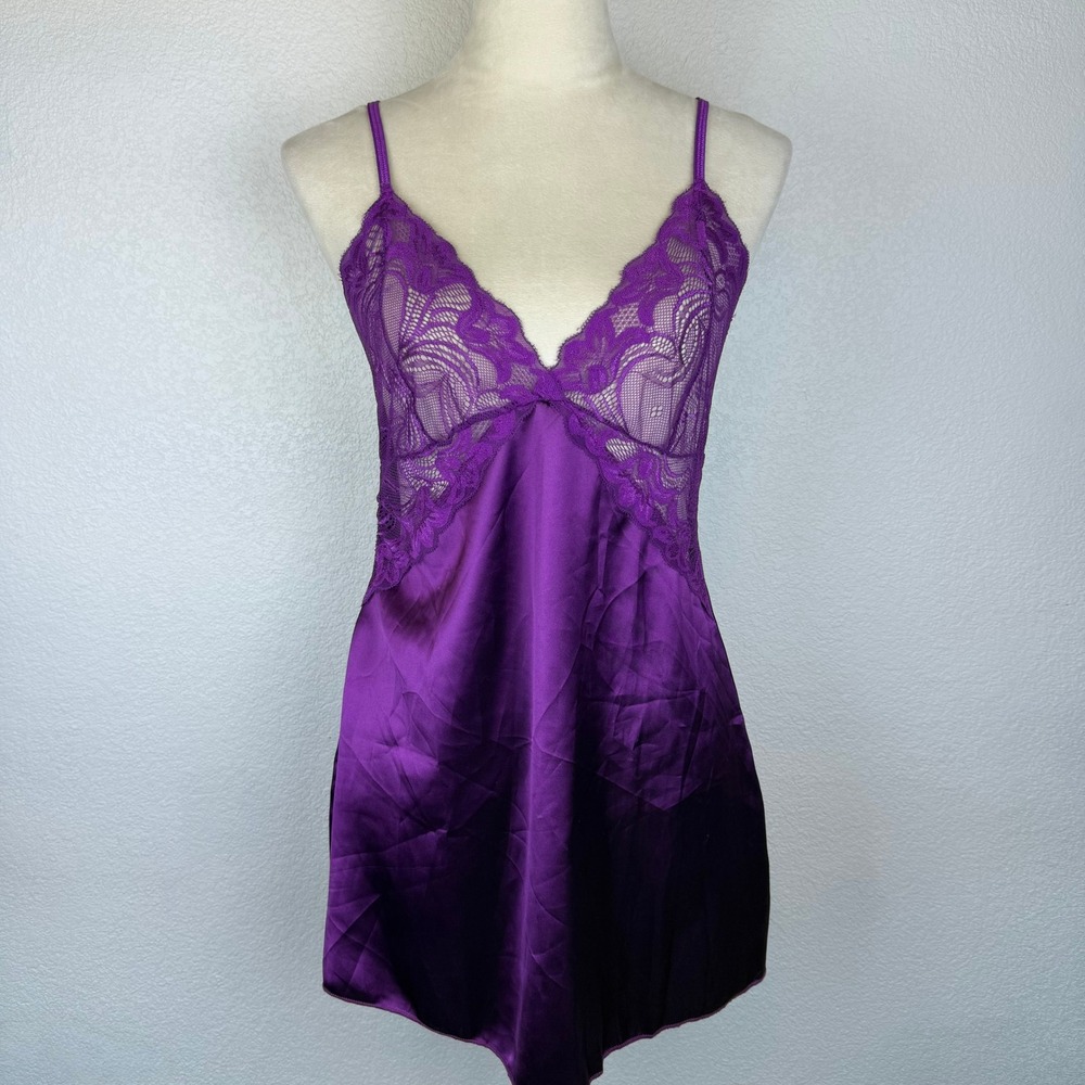 AvidLove‎ Purple Lace Trim Satin Slip Nightgown Dress Womens Trendy Size M